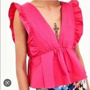 Zara hot pink ruffled v neck bow tie top